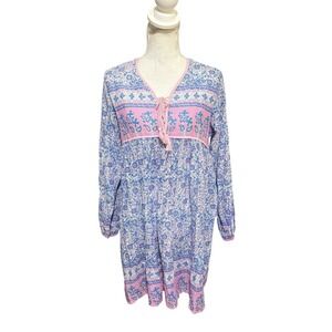 Pink DILLI GREY Floral Block Printed Cotton Blue Pink Tassel Dress S/M